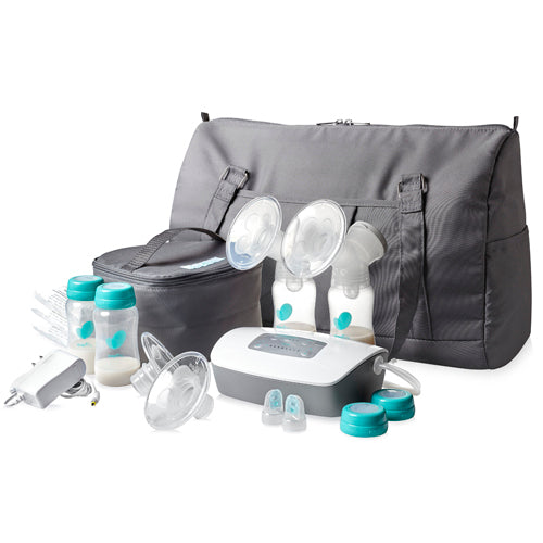 American Smart Evenflo Deluxe Advanced Double Electric Breast Pump with dual flange and digital controls, showing the pump components.