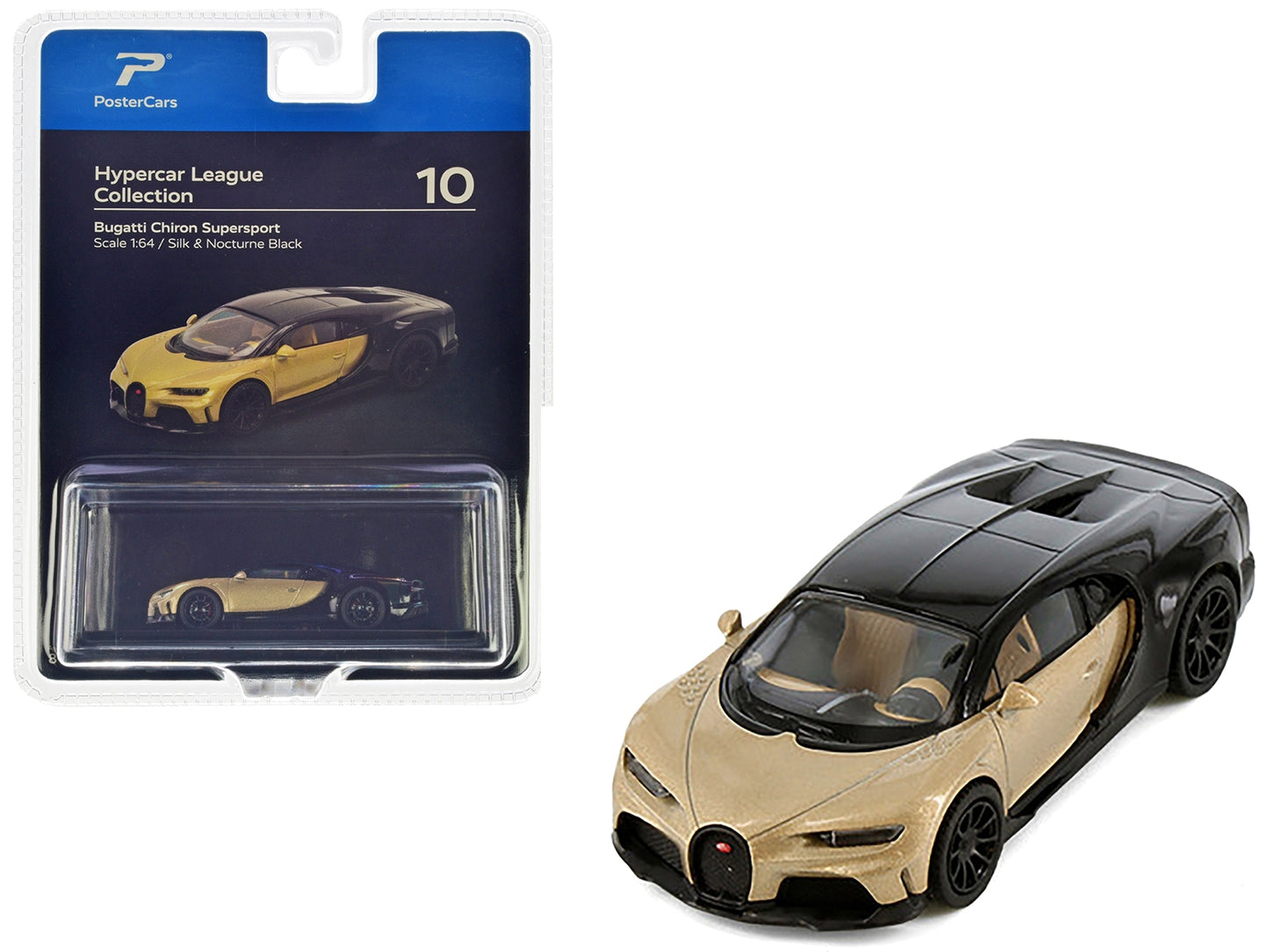 Bugatti Chiron Supersport Silk Gold Metallic and Nocturne Black "Hypercar League Collection" 1/64 Diecast Model Car by PosterCars - American Smart