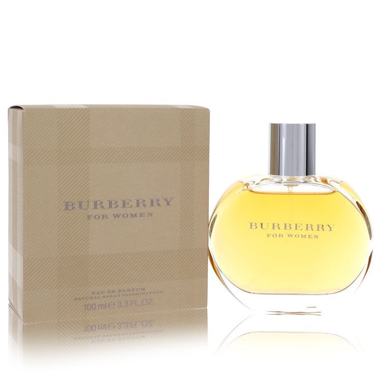Burberry Eau De Parfum spray for women in 3.3 oz bottle, featuring classic Burberry branding and elegant packaging.