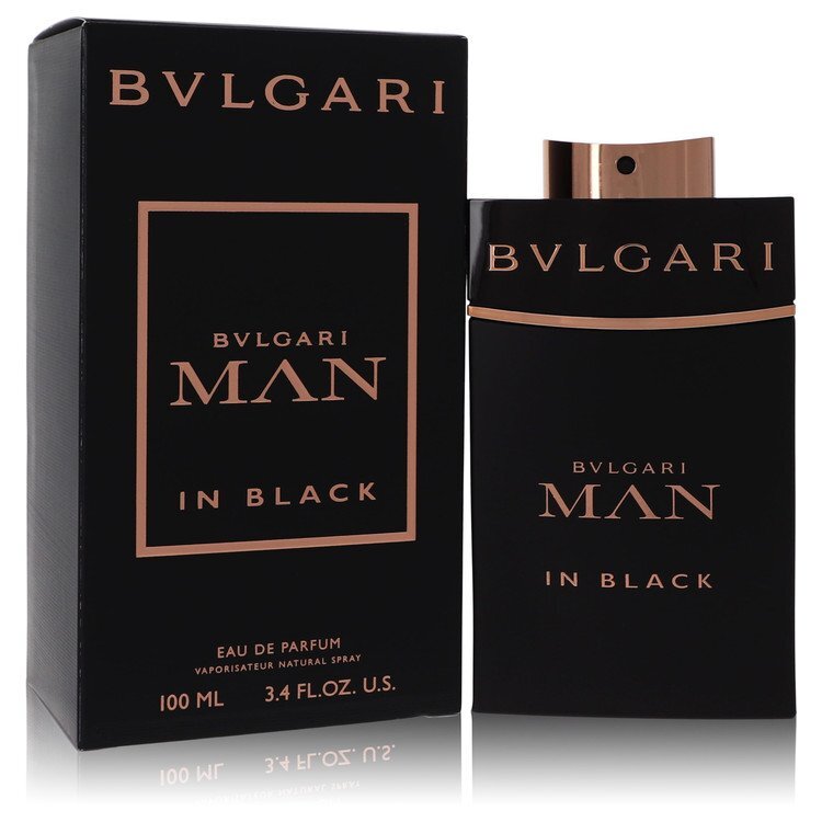 Bvlgari Man In Black Eau De Parfum spray for men, 3.4 oz, featuring sleek black bottle and minimalist design.
