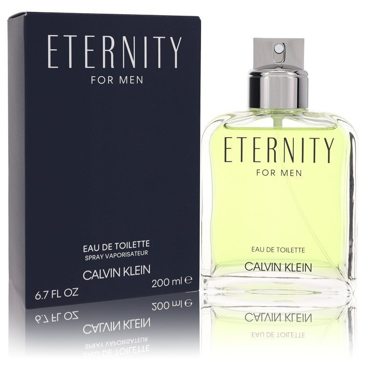 Calvin Klein Eternity Eau De Toilette spray for men, 6.7 oz bottle with sleek design and clear glass container.
