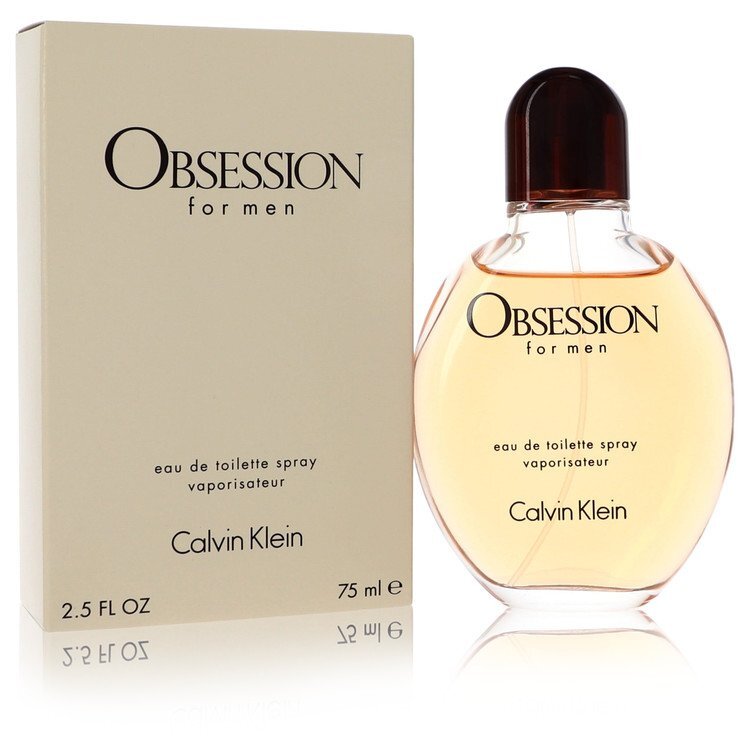 Calvin Klein Obsession Eau De Toilette spray for men, 2.5 oz bottle with sleek packaging and fragrance details.