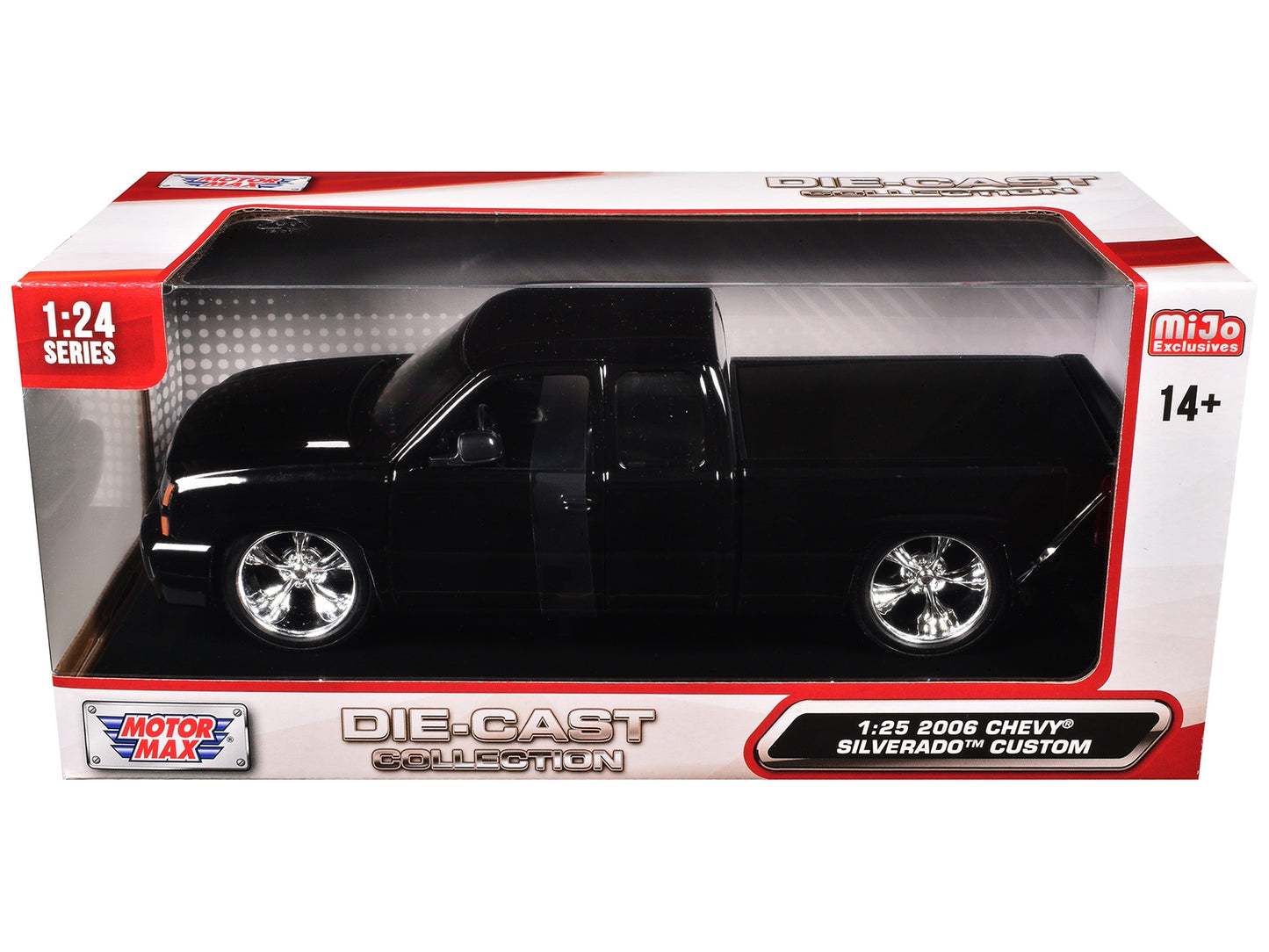 Black 2006 Chevrolet Silverado die-cast pickup truck model from Motormax's Custom Pickup Series, 1/25 scale, by American Smart.