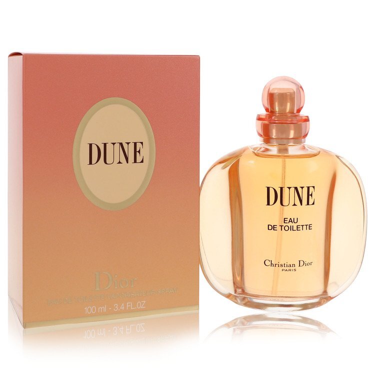 Christian Dior Dune Eau De Toilette spray 3.4 oz for women with the elegant perfume bottle and packaging.