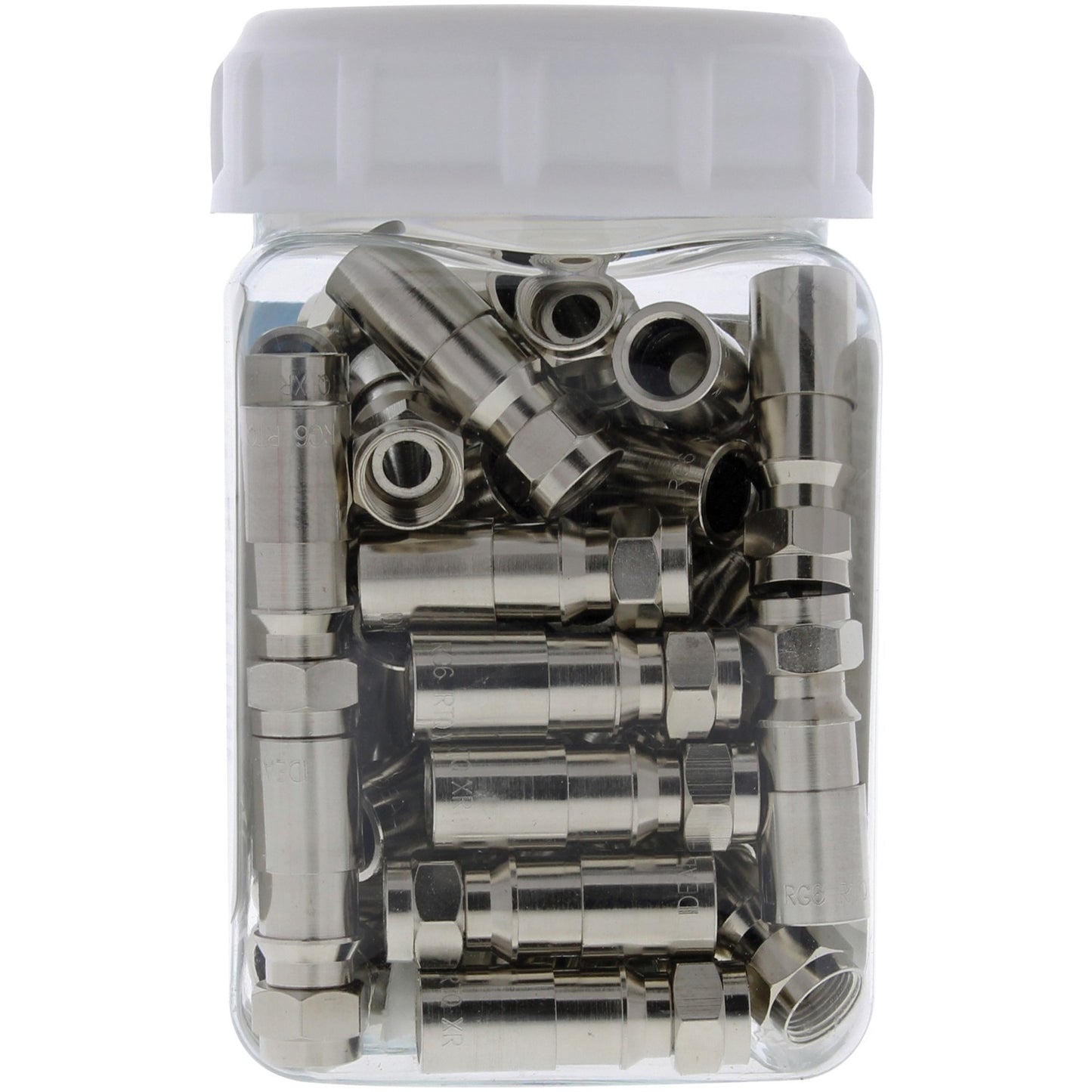 American Smart RG6 F-Compression Connectors, IDEAL 92-650, 50-pack, used for cable TV and satellite connections.