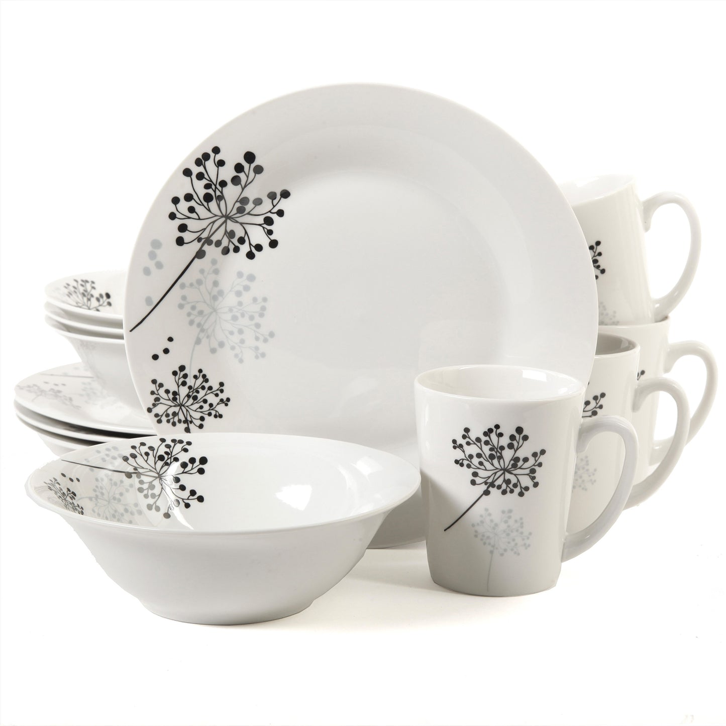 Gibson Netherwood 12-piece dinnerware set with white ceramic plates and bowls, modern design, on a neutral background