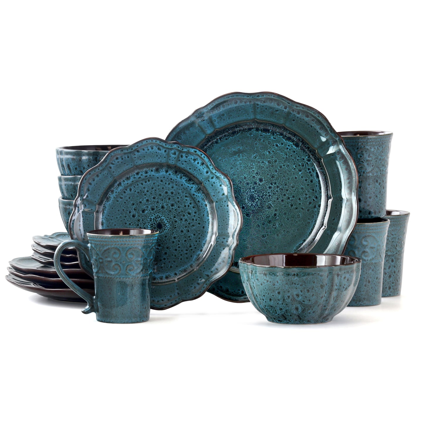 Elama Lavish Blue 16-piece dinnerware set by American Smart with plates, bowls, and mugs for four people.