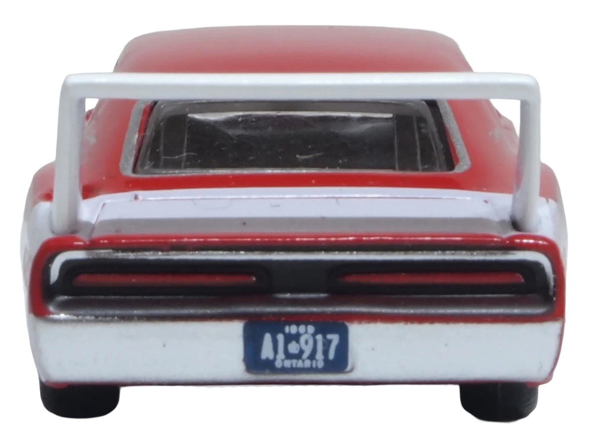 Red 1969 Dodge Charger Daytona diecast model car with white stripe, 1/87 scale, by Oxford Diecast, American Smart WB collection.