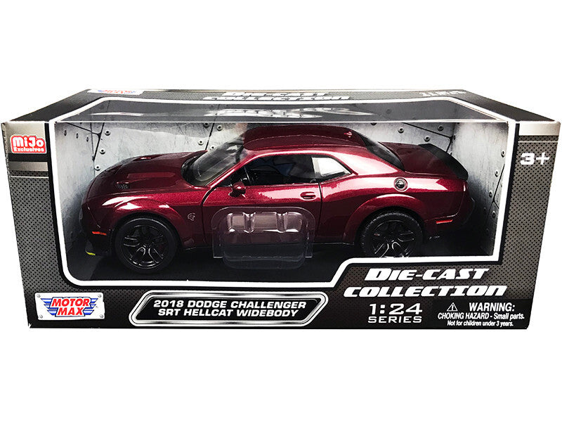 2018 Dodge Challenger SRT Hellcat Widebody burgundy metallic die-cast model car by Motormax, detailed 1/24 scale collectible vehicle