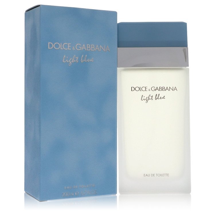 Light blue Dolce & Gabbana Eau De Toilette spray for women, 6.7 oz bottle, with light blue liquid and elegant packaging.