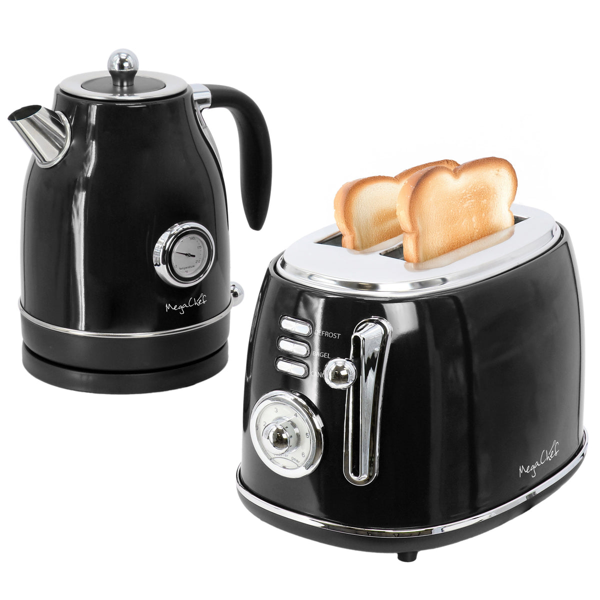 American Smart MegaChef 1.8 Quart electric tea kettle and 2-slice toaster combo in black, featuring modern kitchen appliances.