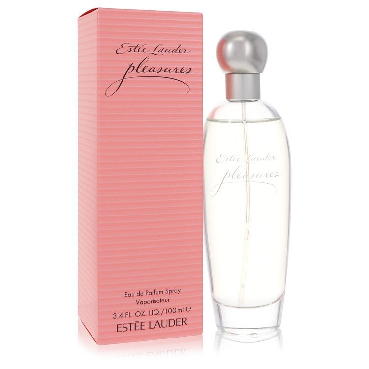 Estee Lauder Pleasures Eau De Parfum spray for women, 3.4 oz, with elegant bottle and floral fragrance visual.