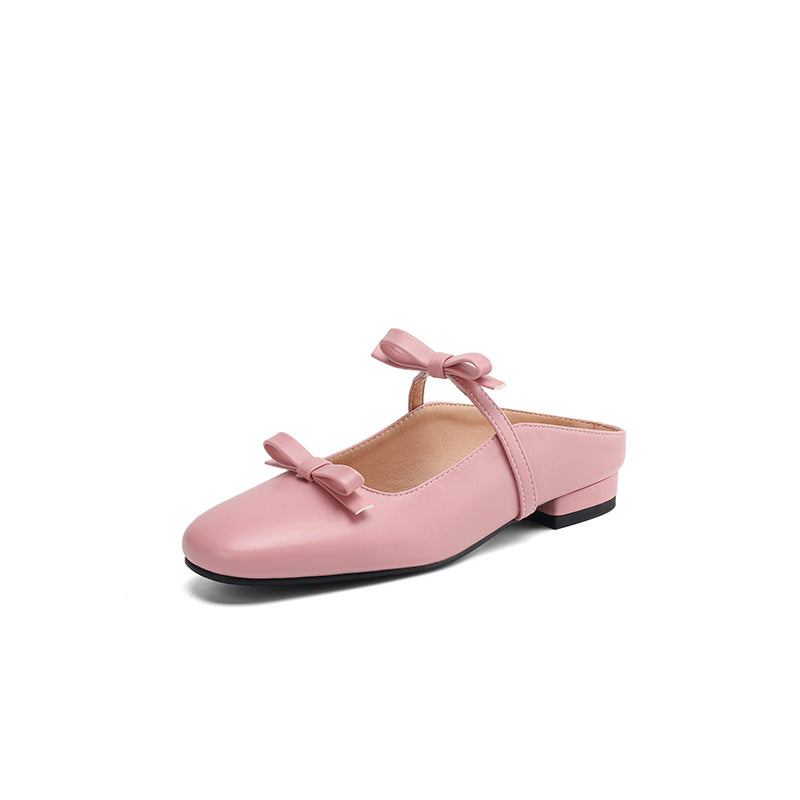 Color: Pink, Size: 36 - Flat-soled Bow-tied Large-size Square-toe Closed-toe Outdoor Shoes - American Smart