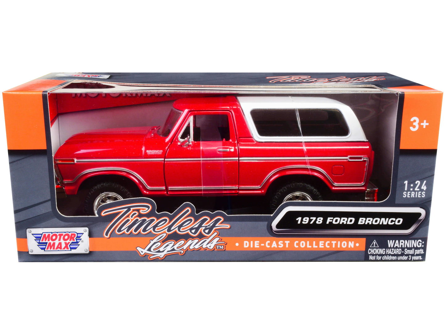 Red and white 1978 Ford Bronco diecast model car from the Timeless Legends series by Motormax, detailed 1/24 scale American Smart Ford model