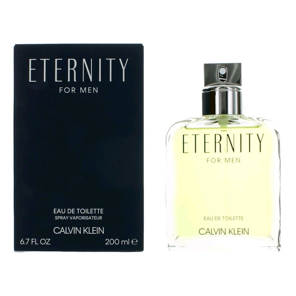 Eternity by Calvin Klein men's 6.7 oz Eau De Toilette spray, fragrance bottle with sleek design and brand label.
