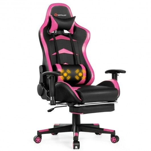 Pink massage gaming chair with footrest from American Smart, featuring ergonomic design and plush upholstery for home office use.