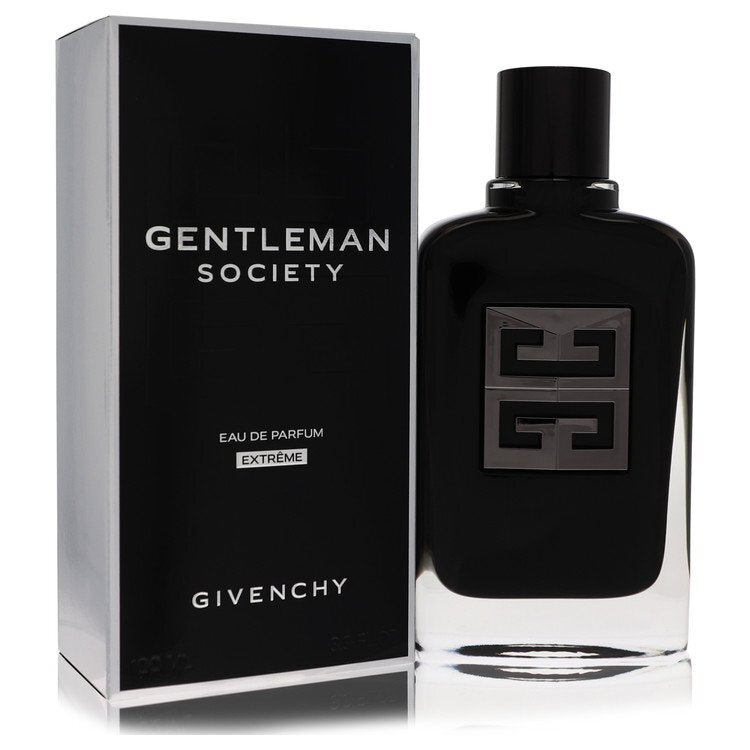 Givenchy Gentleman Society Extreme Eau De Parfum spray for men, 3.4 oz, featuring sleek bottle design and sophisticated packaging.