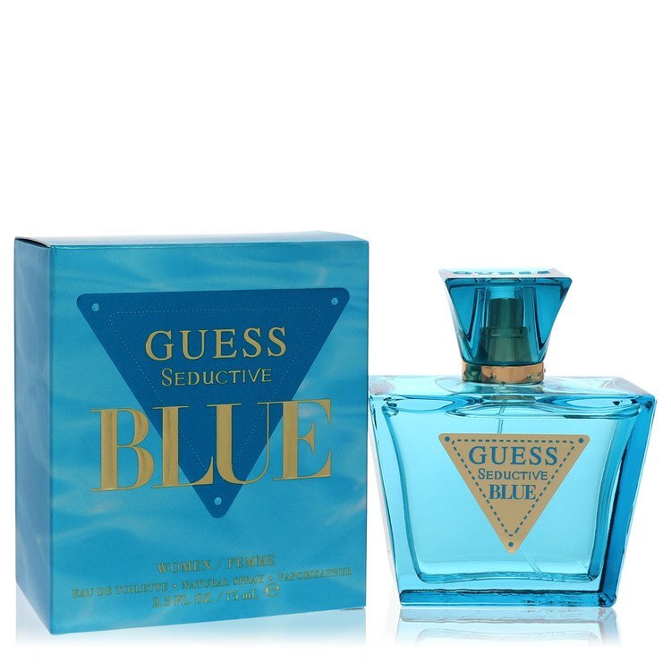 Guess Seductive Blue Eau De Toilette spray for women, 2.5 oz bottle with sleek blue design and elegant packaging.
