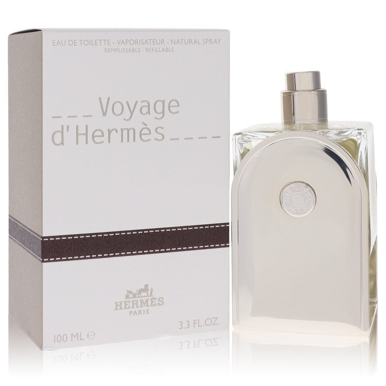 Hermes Voyage D'Hermes Eau De Toilette Spray for men, 3.3 oz, refillable, unisex fragrance in a sleek bottle.