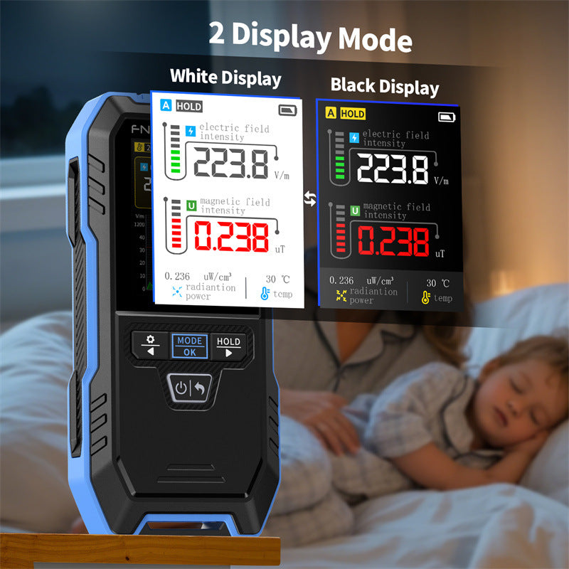 American Smart electromagnetic radiation detector for household appliances, showing digital display and sensor in a home or office setting.