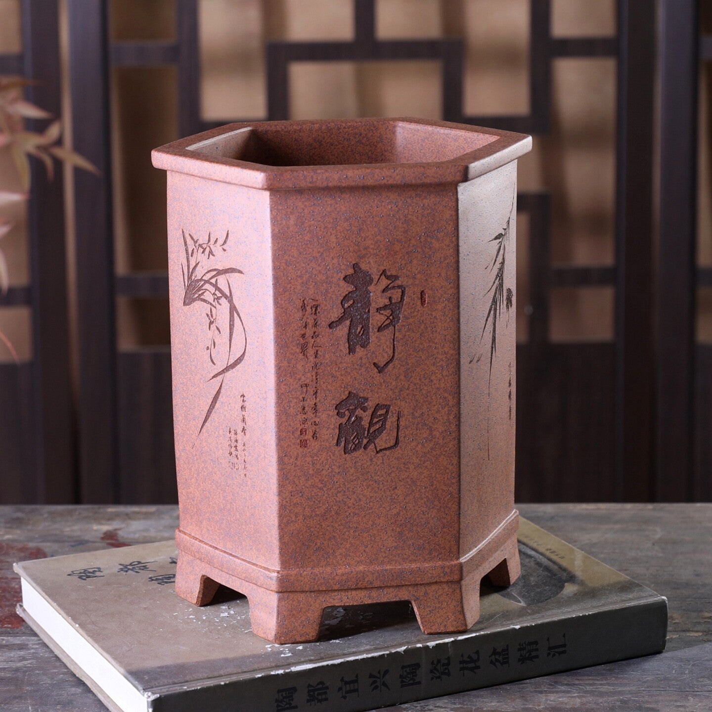 Purple clay hexagonal incense cylinder flower pot for home or office décor, used as a decorative storage ornament.