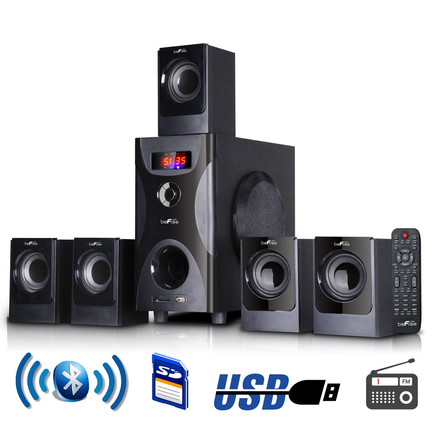 Black beFree Sound 5.1 channel Bluetooth surround sound home stereo system by American Smart WB, featuring multiple speakers.