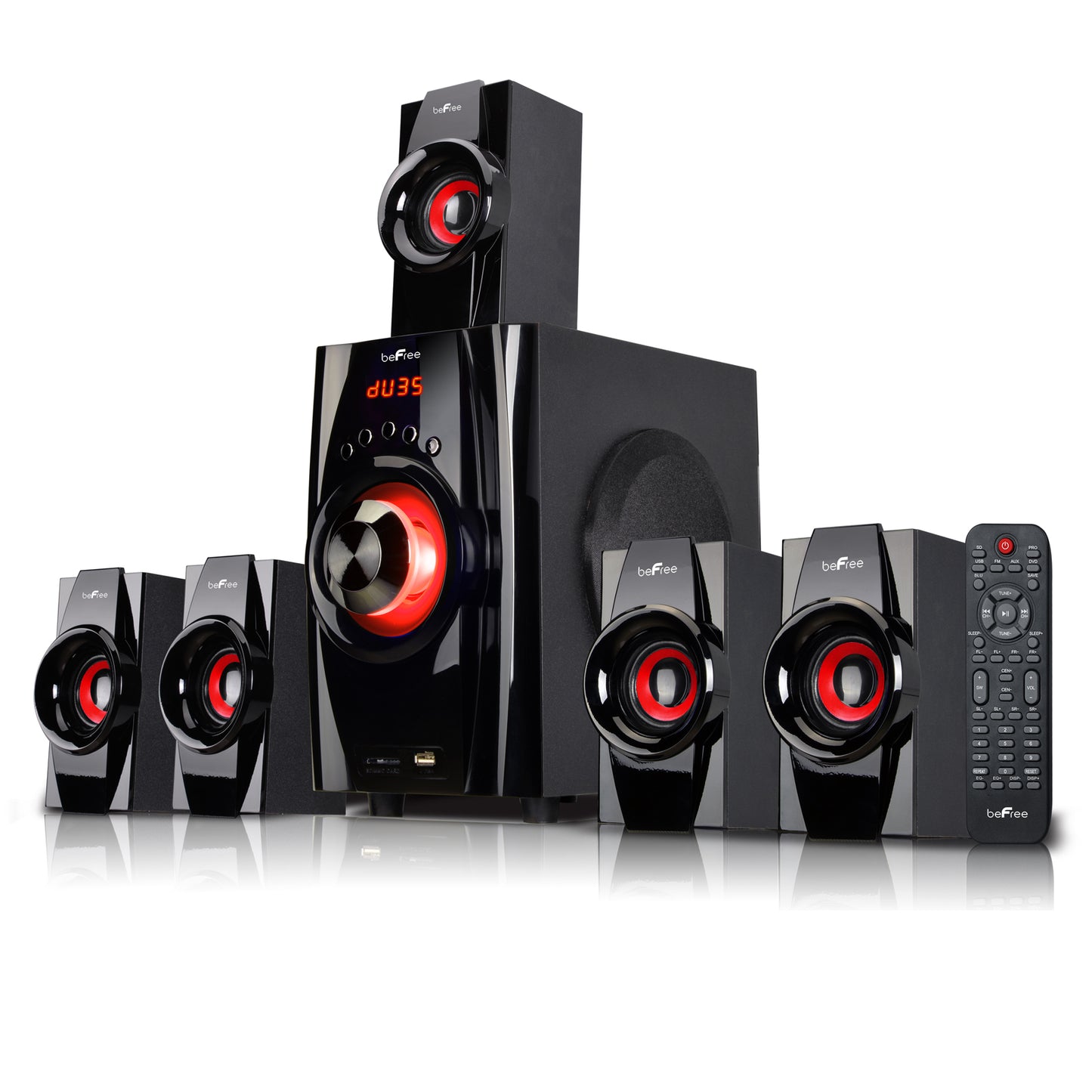 American Smart beFree Sound 5.1 channel surround Bluetooth speaker system in red, with multiple speakers and control panel for home audio.