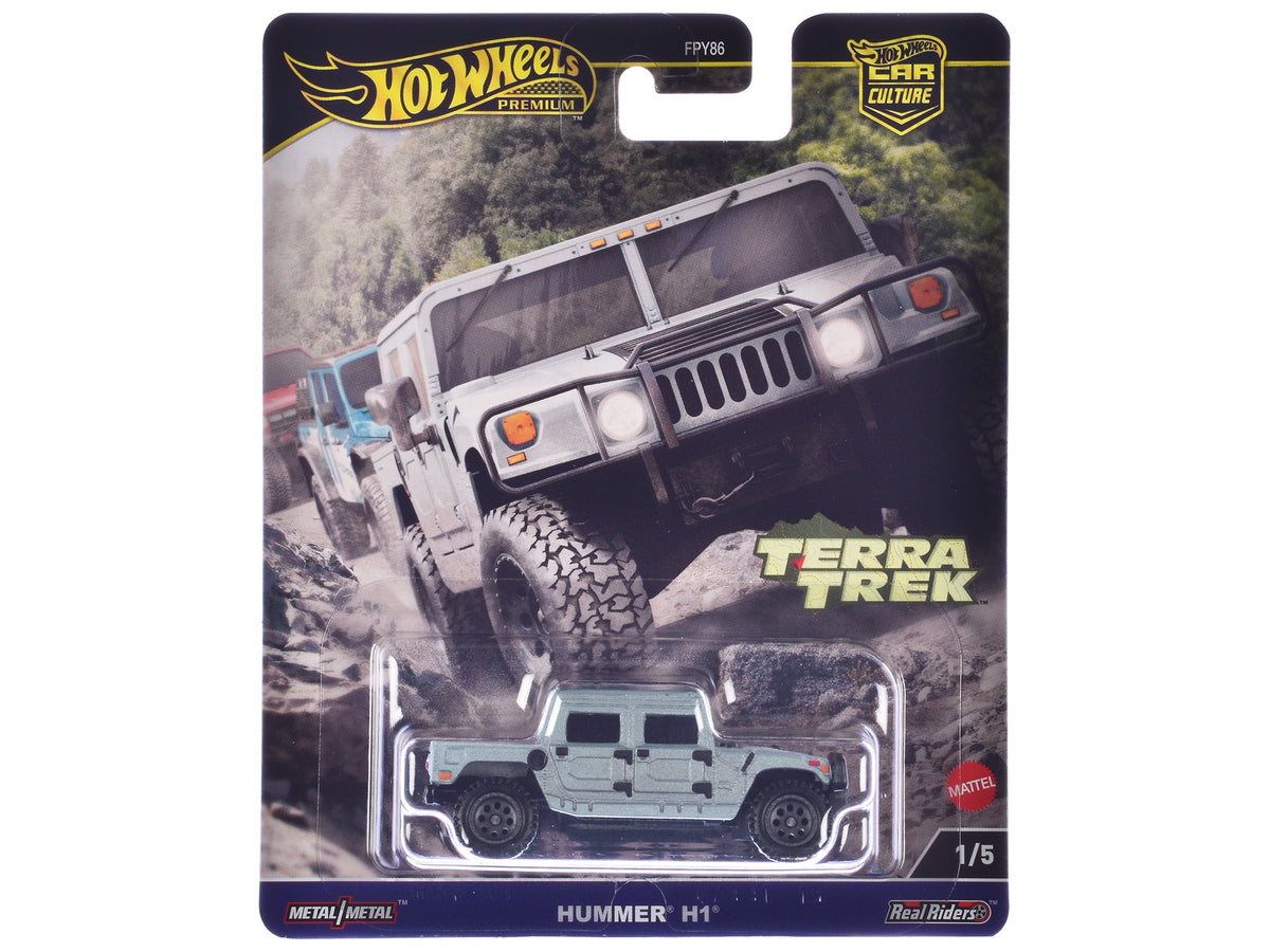 Gray metallic Hummer H1 Pickup Truck diecast model by Hot Wheels from the Terra Trek series, showcasing detailed American Smart branding.