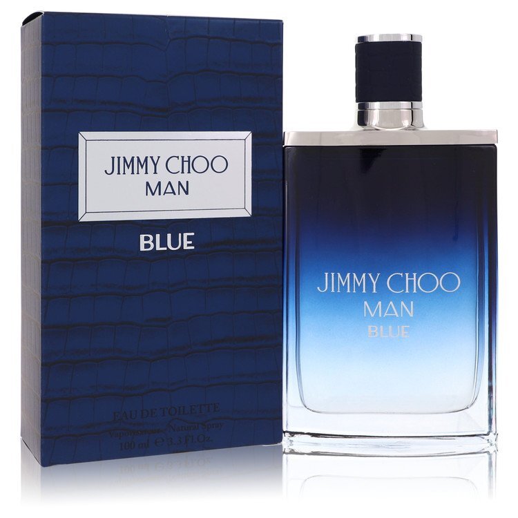 Jimmy Choo Man Blue Eau De Toilette spray for men, 3.3 oz bottle, featuring a sleek blue design and modern fragrance.