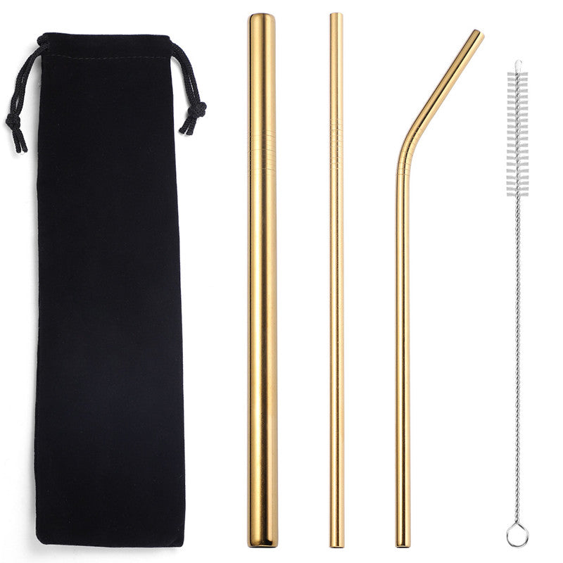Color: GoldCloth bag5 pcs - 304 stainless steel straw - American Smart