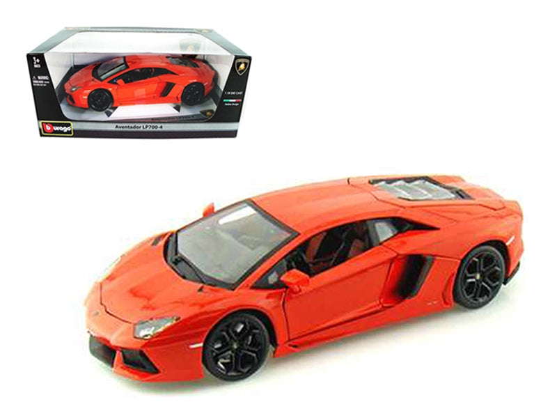Orange 1/18 scale Lamborghini Aventador LP700-4 diecast model car by Bburago, detailed miniature vehicle with realistic features.