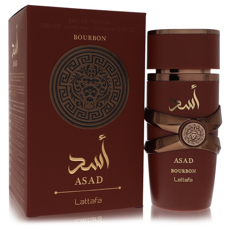 Lattafa Asad Bourbon men's Eau De Parfum spray in 3.4 oz bottle, featuring a warm, woody fragrance with spicy notes.