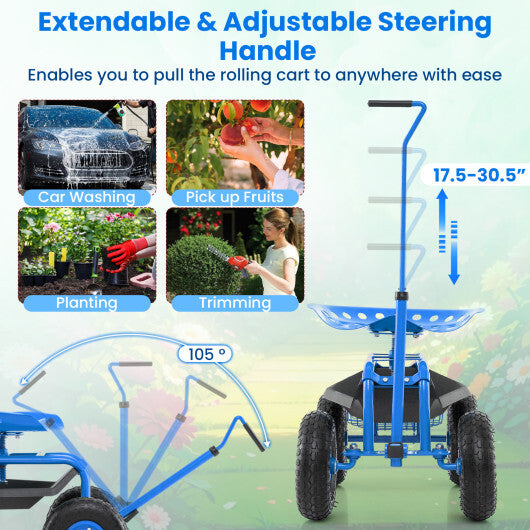 Costway Extendable Handle Garden Cart Rolling Wagon Scooter-Blue - American Smart