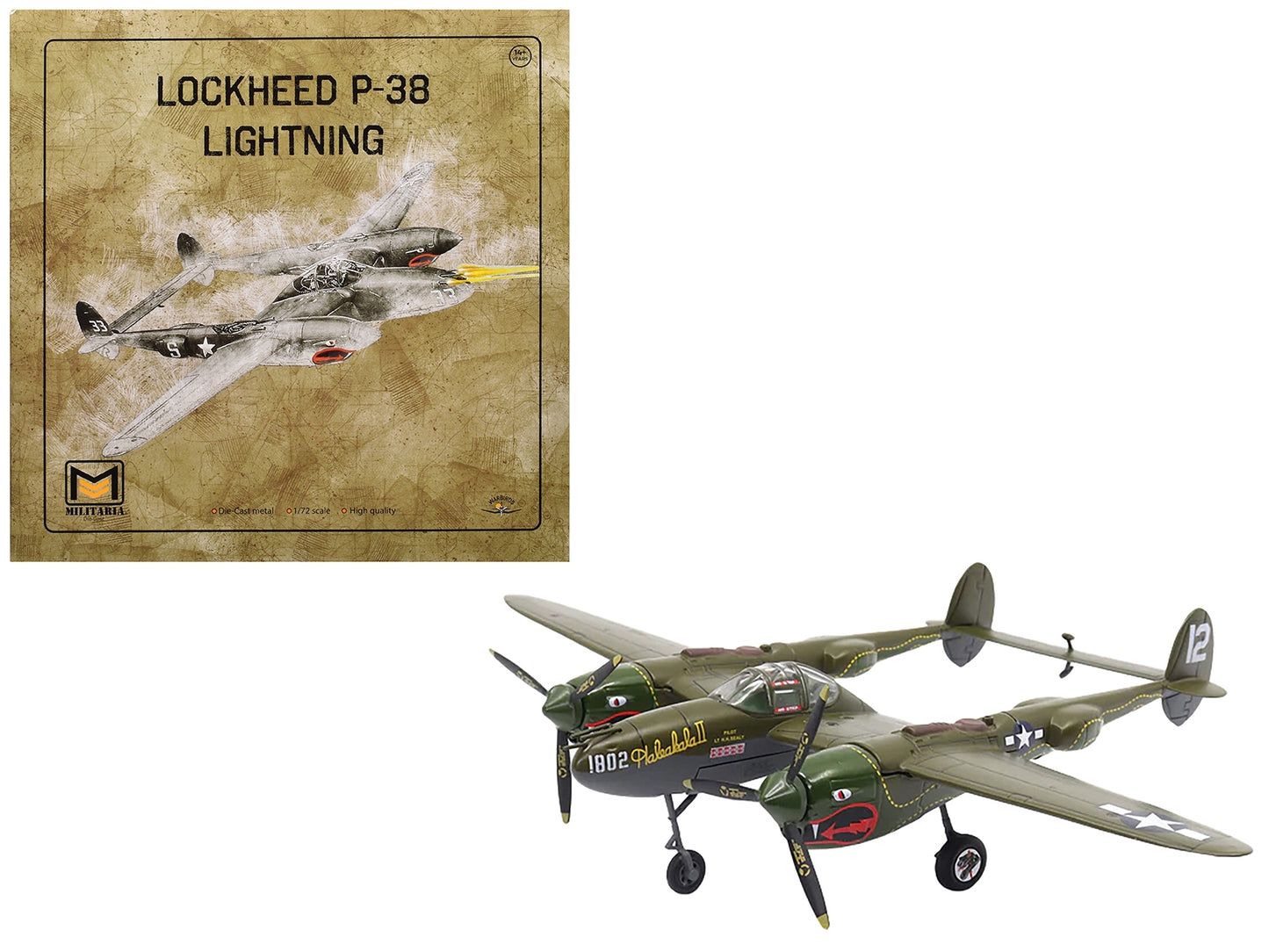 1/72 scale Lockheed P-38 Lightning fighter aircraft model by Militaria Die Cast, featuring Twin Dragons markings from 1944.