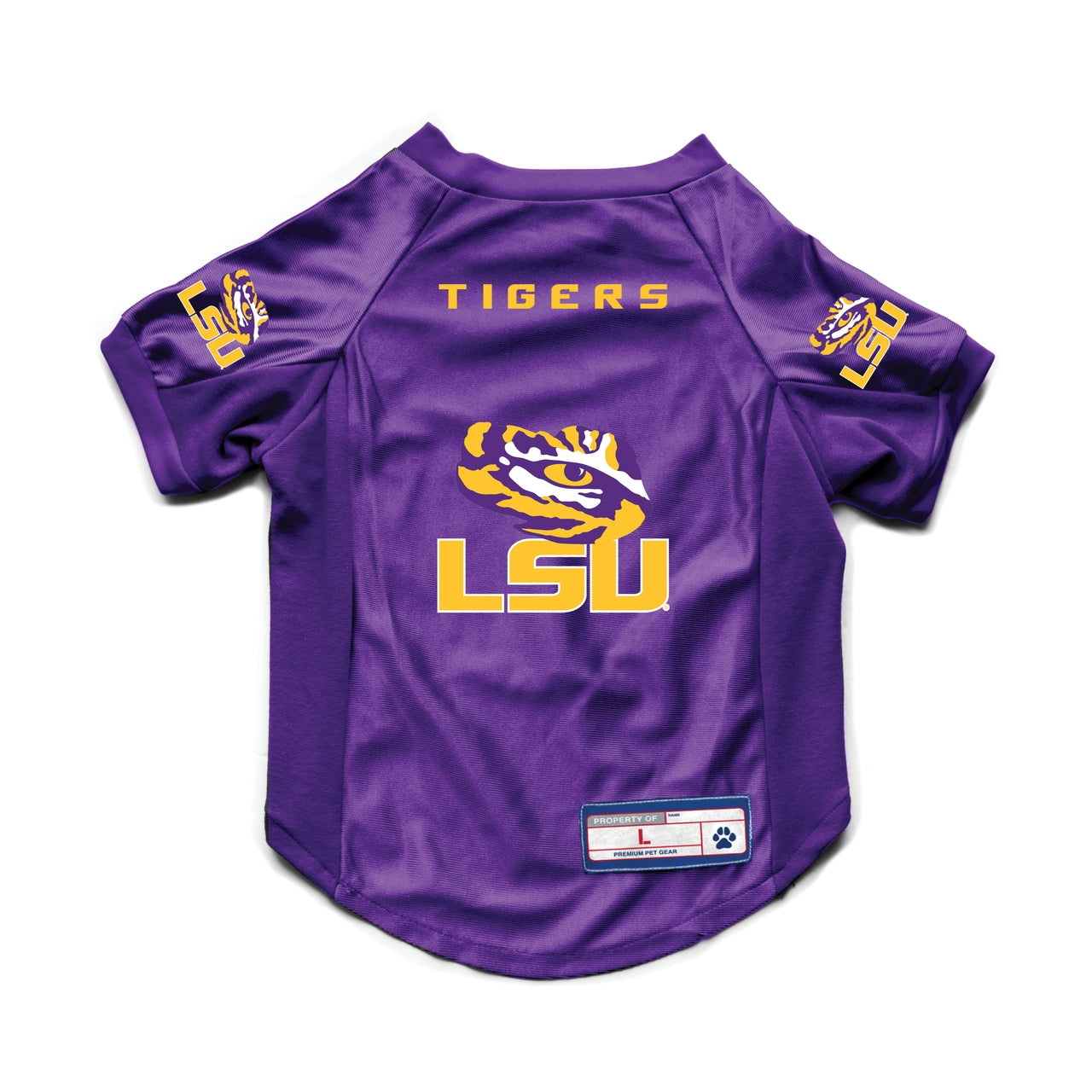 LSU Tigers pet jersey in stretch fabric, size XL, by American Smart WB, featuring LSU team logo on a blue background.