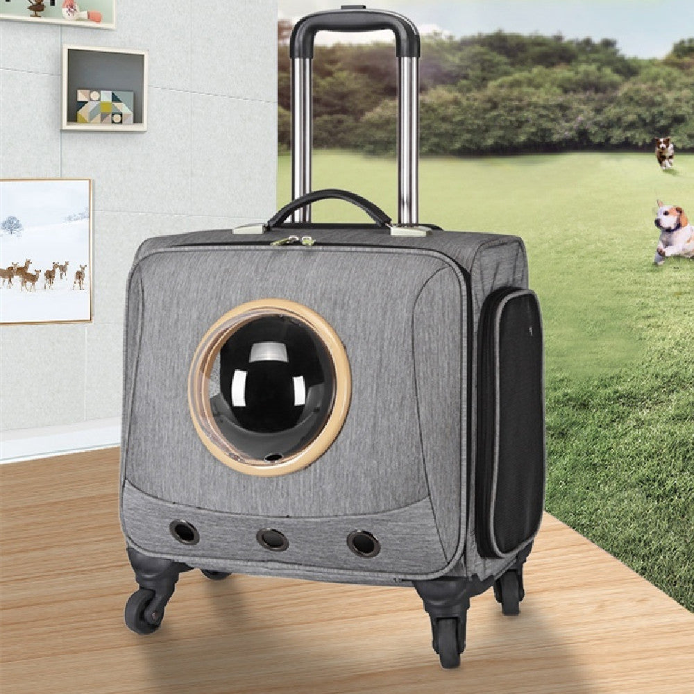 Portable American Smart WB universal-wheel pet travel carrier in luggage bag style, with mesh sides and adjustable shoulder strap.