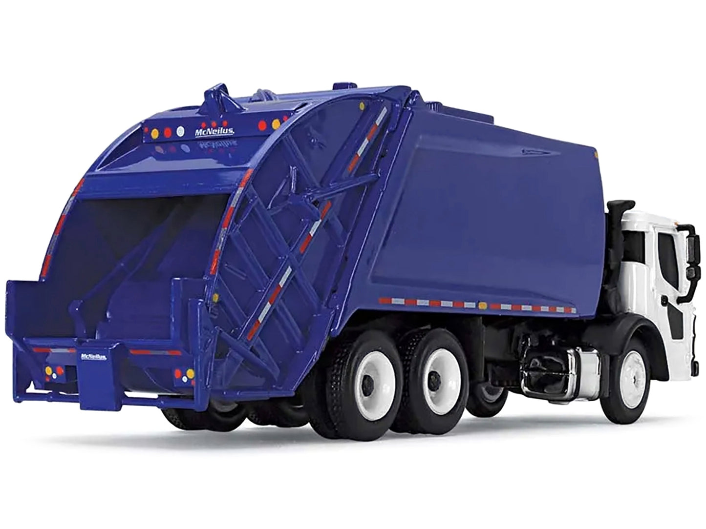 HO scale Mack LR diecast model with McNeilus rear load refuse body in blue and white by American Smart, detailed for collectors.