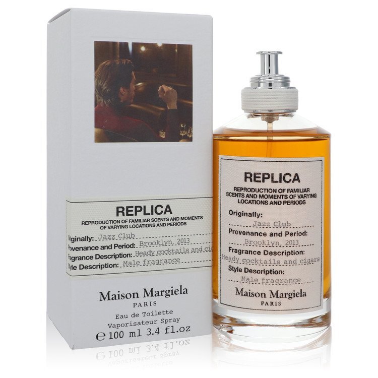 Maison Margiela Replica Jazz Club unisex Eau De Toilette spray, 3.4 oz, with a sleek bottle and minimalist label.