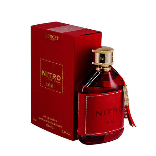 American Smart WB Dumont Nitro Red men's cologne bottle, 3.4 oz tester, Eau De Parfum with sleek red packaging and silver accents.