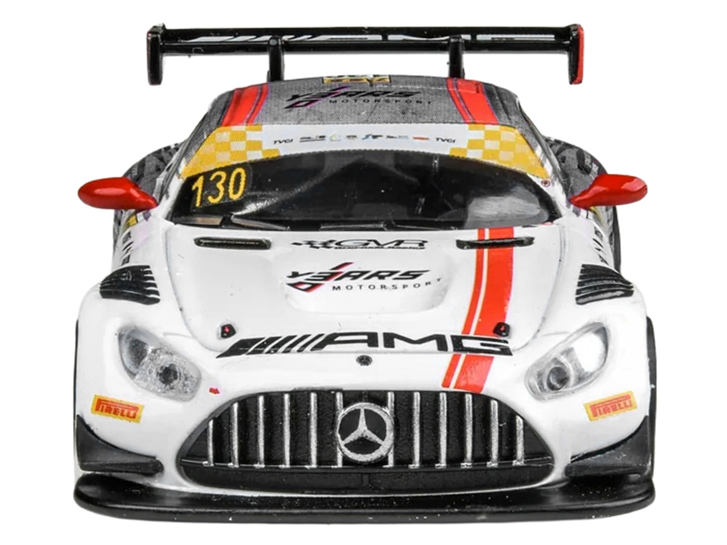 Miniature Mercedes-AMG GT3 #130 Maro Engel race car diecast model by Paragon Models, detailed 1/64 scale for collectors.