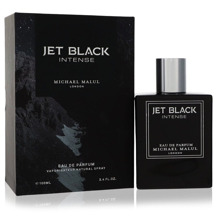 Jet Black Intense by Michael Malul men's Eau De Parfum spray, 3.4 oz, with sleek black bottle and modern design.