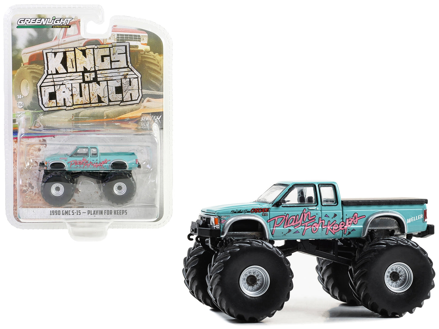 Light blue 1990 GMC S-15 monster truck diecast model by Greenlight, part of the Kings of Crunch Series 14, for collectible display.