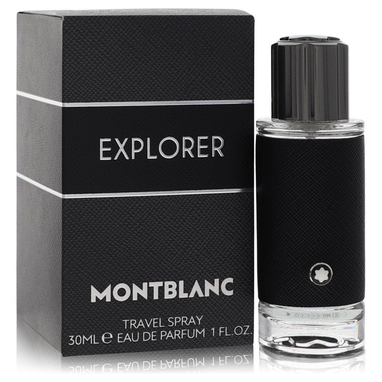 Montblanc Explorer Eau De Parfum spray for men, 1 oz, showcasing the sleek bottle and packaging.
