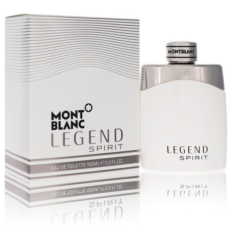 Montblanc Legend Spirit Eau De Toilette spray for men, 3.3 oz, with sleek bottle and minimalist design.