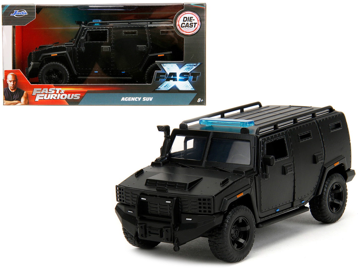 Black diecast model of the Agency SUV "Fast X" from the Fast & Furious series by Jada, detailed 1/32 scale car.