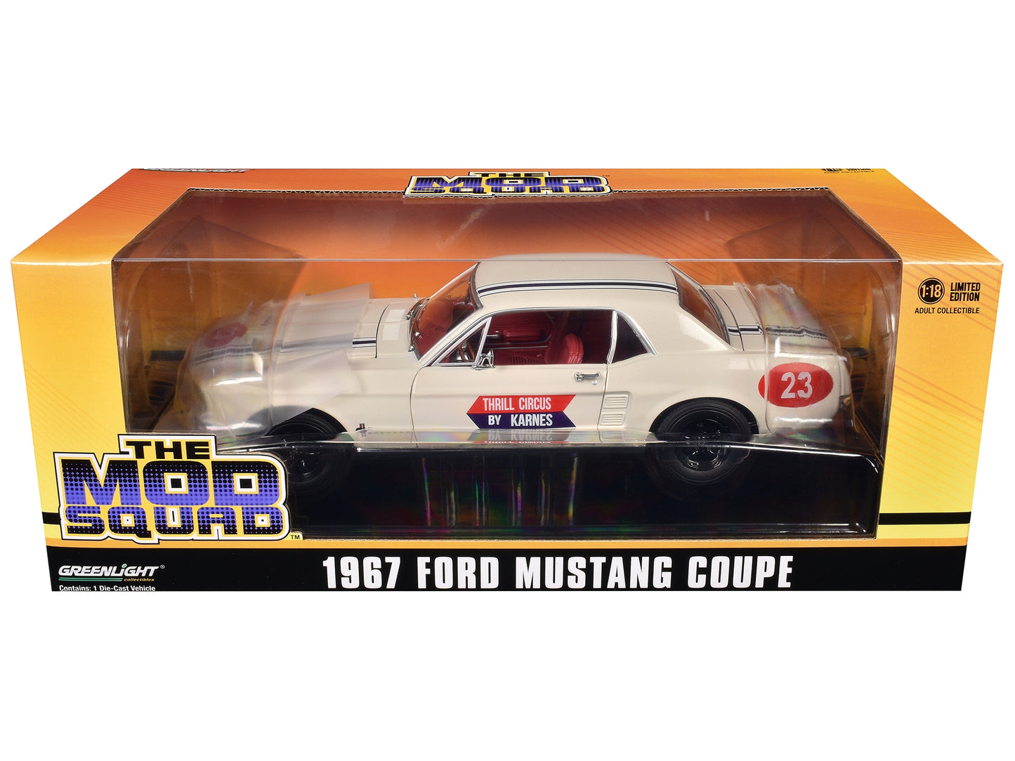 White 1/18 diecast model of 1967 Ford Mustang Coupe #23 "Thrill Circus" by Greenlight, detailed American Smart WB Mustang model