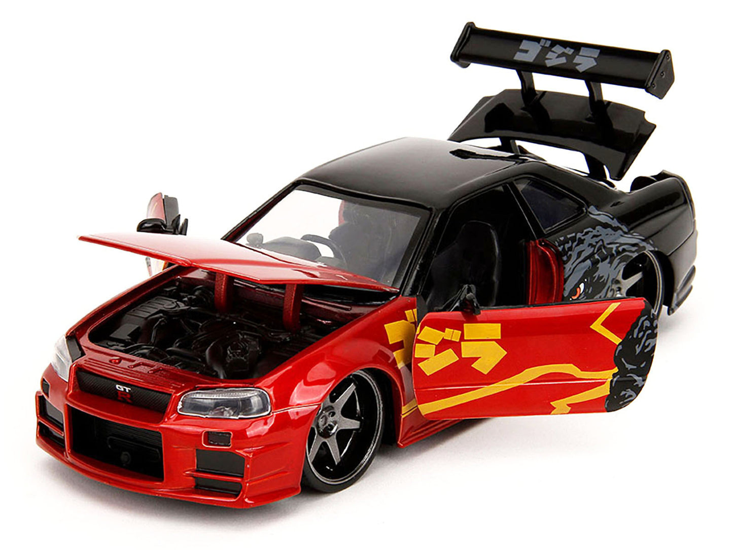 2002 Nissan Skyline GT-R R34 diecast model car in red metallic and black from Hollywood Rides series by Jada, detailed display image.