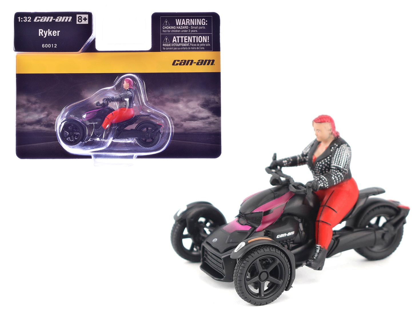 Pink and black Can-Am Ryker 3-wheel motorcycle diecast model by American Smart WB, featuring a driver figure, 1/32 scale.