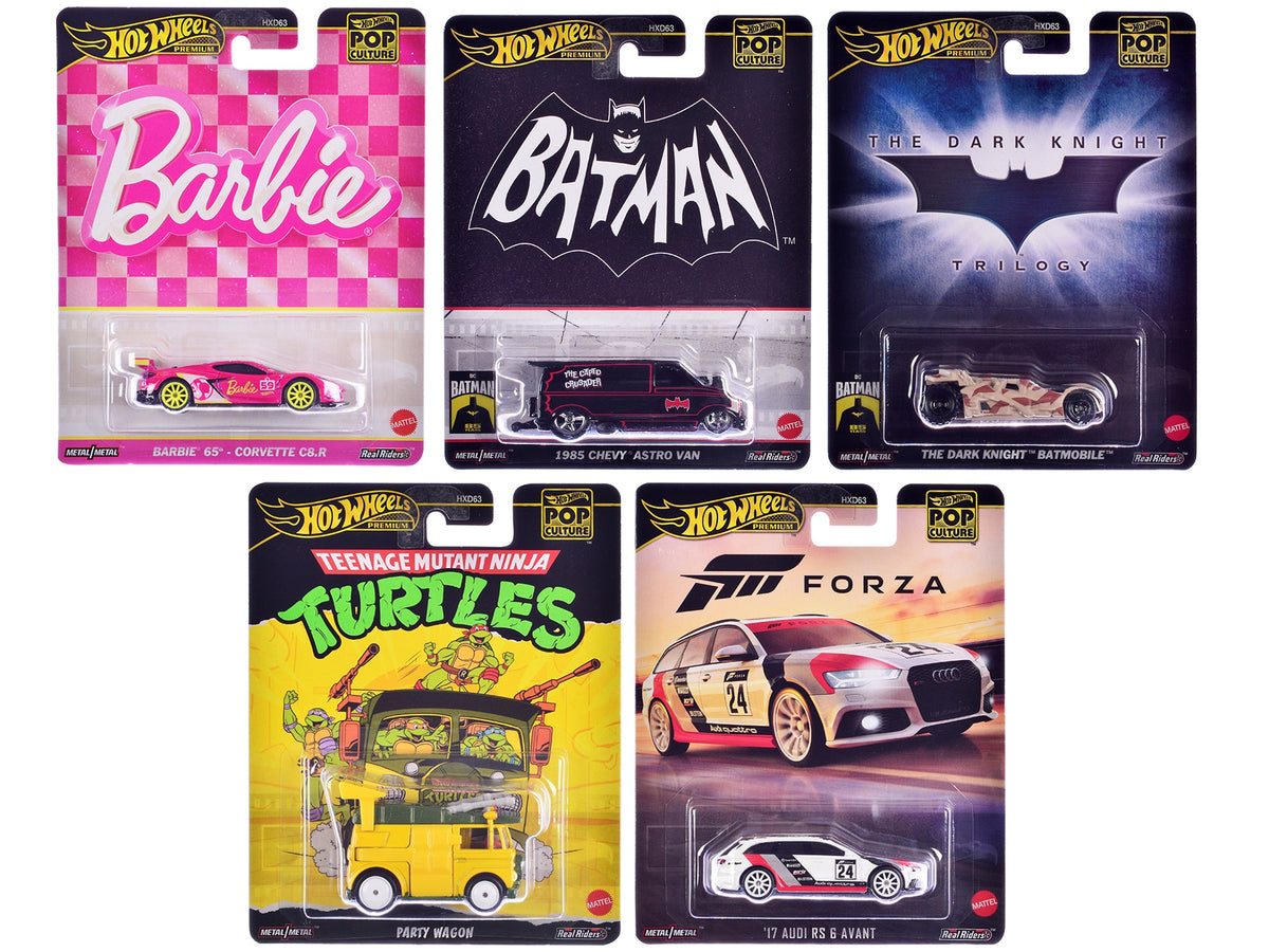 Set of five Hot Wheels Pop Culture 2024 Premium Series diecast model cars by American Smart - WB, featuring detailed collectible vehicles.