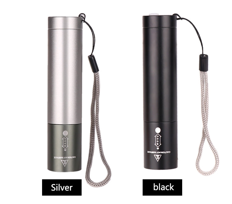 Black American Smart T6 LED rechargeable flashlight with 3 modes, USB charging, suitable for outdoor use.